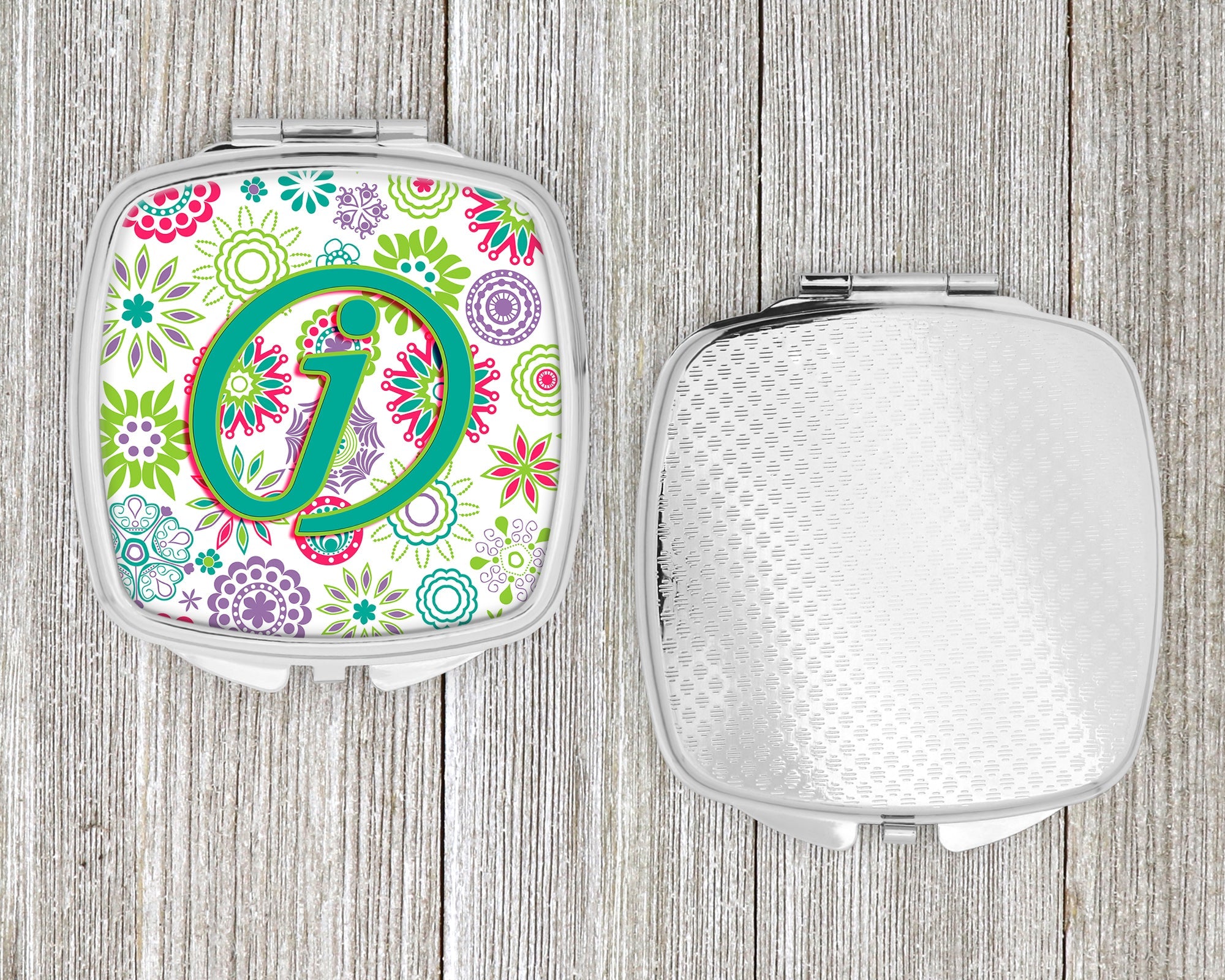 Letter J Flowers Pink Teal Green Initial Compact Mirror Decorative Travel Makeup Mirror for Women Girls Gifts Pocket Makeup Mirror Folding Handheld