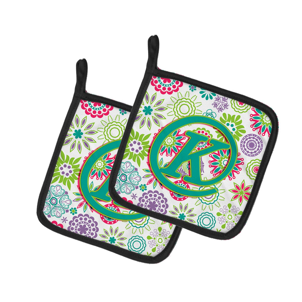 Letter K Flowers Pink Teal Green Initial Pot Holder Set of 2 Heat Resistant Quilted Hot Pads 7.5 x 7.5 Inch, Insulated Kitchen Trivets for Cooking & Baking