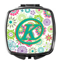 Letter K Flowers Pink Teal Green Initial Compact Mirror Decorative Travel Makeup Mirror for Women Girls Gifts Pocket Makeup Mirror Folding Handheld