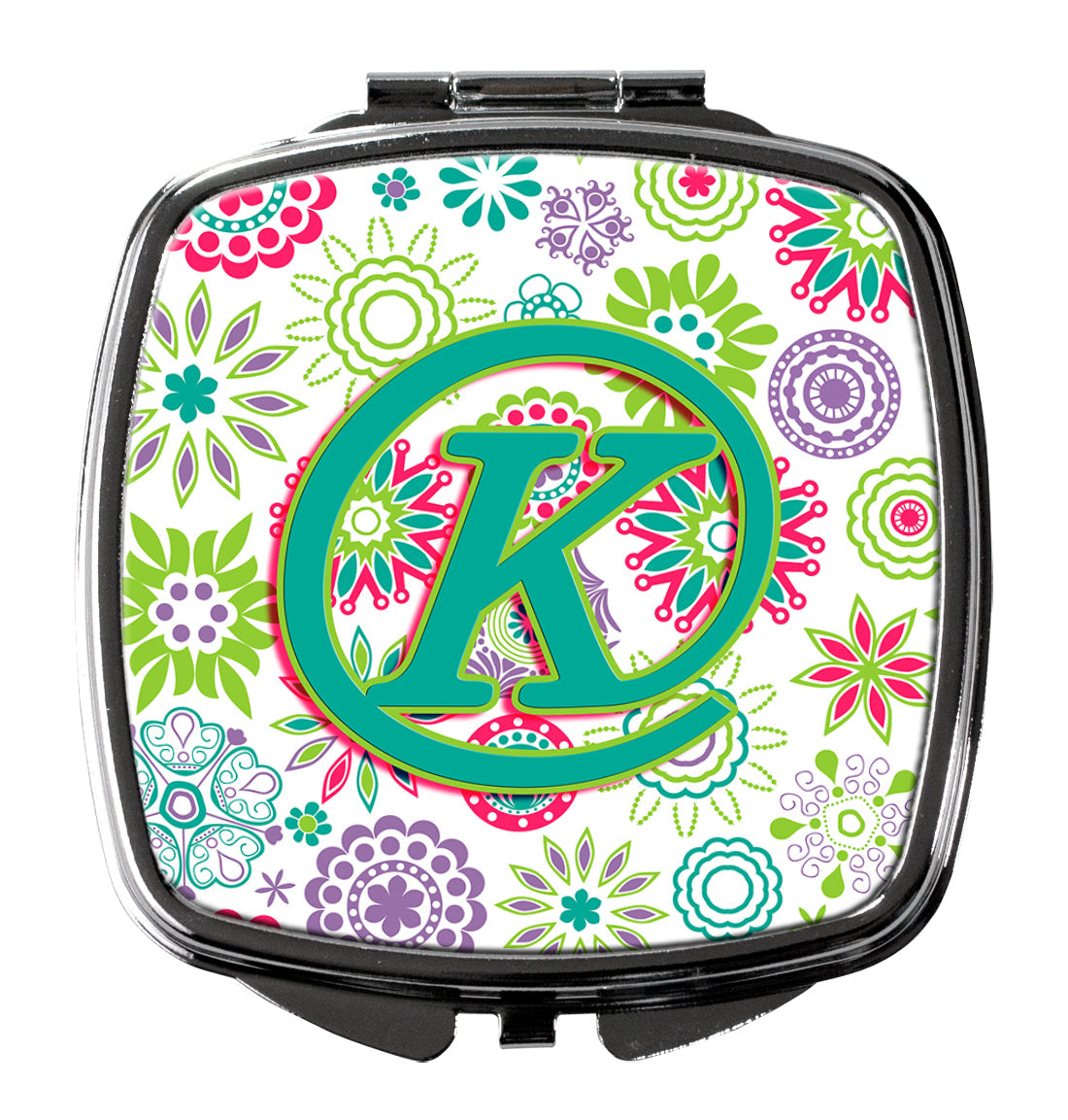 Letter K Flowers Pink Teal Green Initial Compact Mirror Decorative Travel Makeup Mirror for Women Girls Gifts Pocket Makeup Mirror Folding Handheld