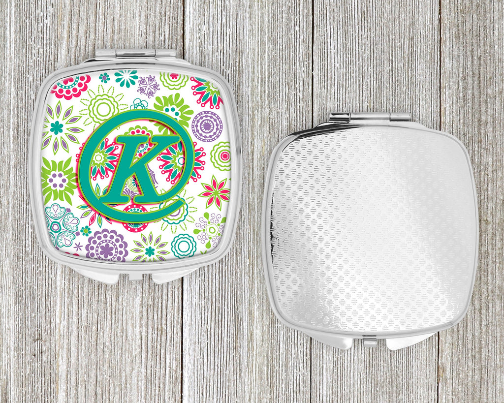 Letter K Flowers Pink Teal Green Initial Compact Mirror Decorative Travel Makeup Mirror for Women Girls Gifts Pocket Makeup Mirror Folding Handheld