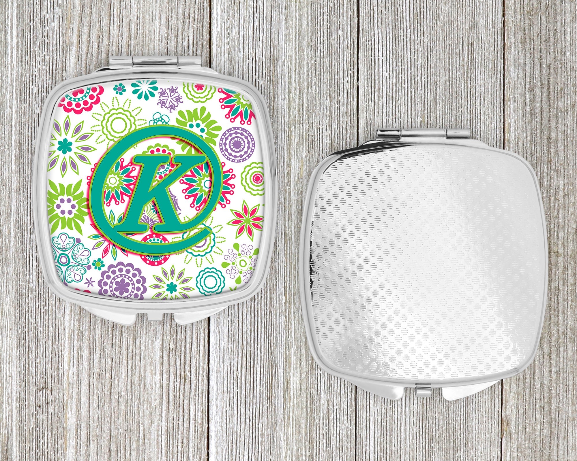 Letter K Flowers Pink Teal Green Initial Compact Mirror Decorative Travel Makeup Mirror for Women Girls Gifts Pocket Makeup Mirror Folding Handheld