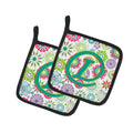 Letter L Flowers Pink Teal Green Initial Pot Holder Set of 2 Heat Resistant Quilted Hot Pads 7.5 x 7.5 Inch, Insulated Kitchen Trivets for Cooking & Baking