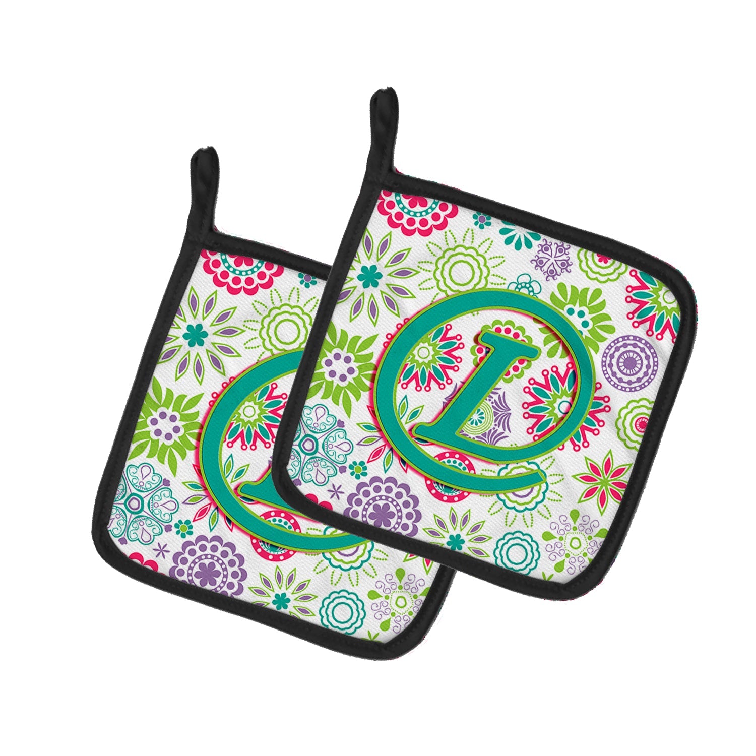 Letter L Flowers Pink Teal Green Initial Pot Holder Set of 2 Heat Resistant Quilted Hot Pads 7.5 x 7.5 Inch, Insulated Kitchen Trivets for Cooking & Baking