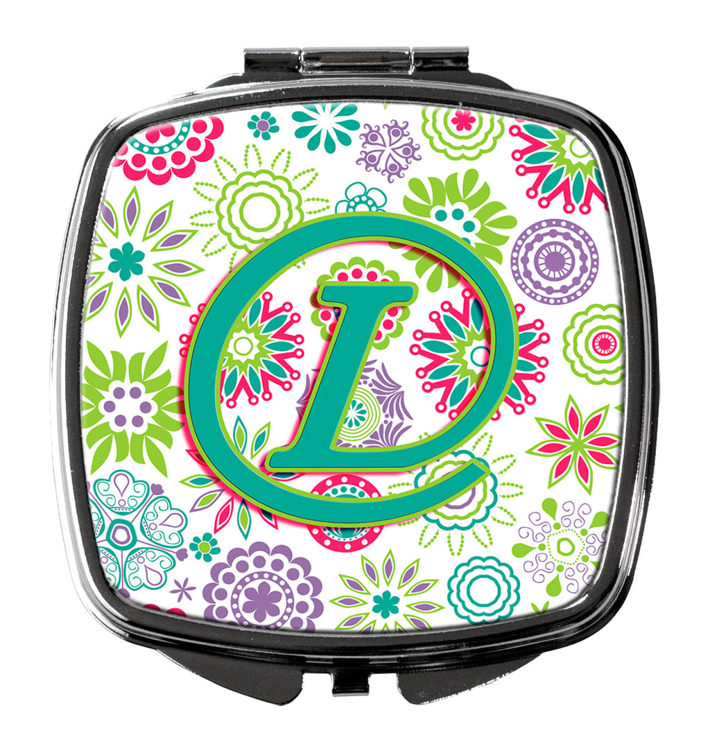 Letter L Flowers Pink Teal Green Initial Compact Mirror Decorative Travel Makeup Mirror for Women Girls Gifts Pocket Makeup Mirror Folding Handheld