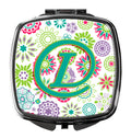Letter L Flowers Pink Teal Green Initial Compact Mirror Decorative Travel Makeup Mirror for Women Girls Gifts Pocket Makeup Mirror Folding Handheld