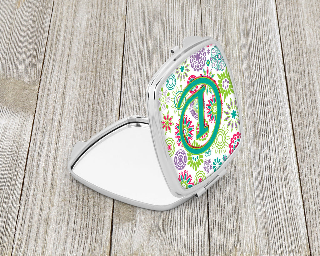 Letter L Flowers Pink Teal Green Initial Compact Mirror Decorative Travel Makeup Mirror for Women Girls Gifts Pocket Makeup Mirror Folding Handheld