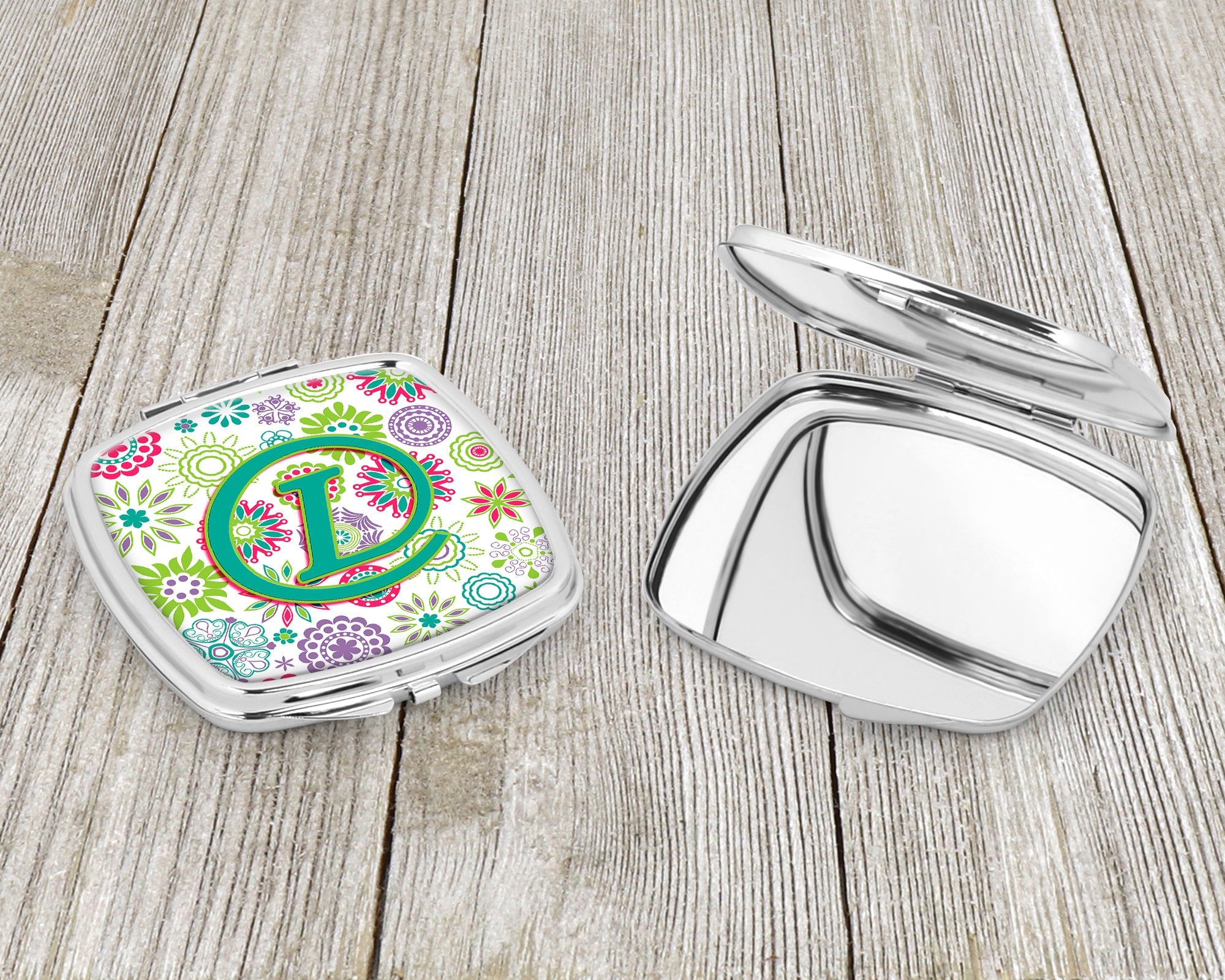 Letter L Flowers Pink Teal Green Initial Compact Mirror Decorative Travel Makeup Mirror for Women Girls Gifts Pocket Makeup Mirror Folding Handheld