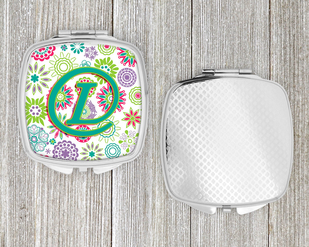 Letter L Flowers Pink Teal Green Initial Compact Mirror Decorative Travel Makeup Mirror for Women Girls Gifts Pocket Makeup Mirror Folding Handheld