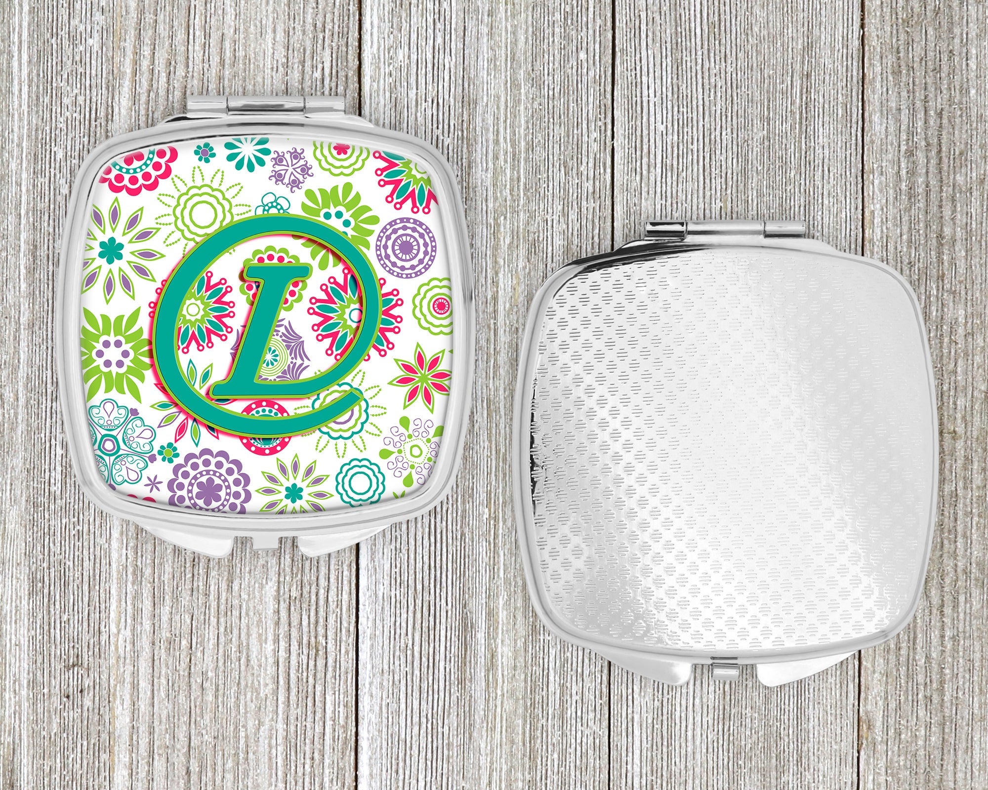 Letter L Flowers Pink Teal Green Initial Compact Mirror Decorative Travel Makeup Mirror for Women Girls Gifts Pocket Makeup Mirror Folding Handheld