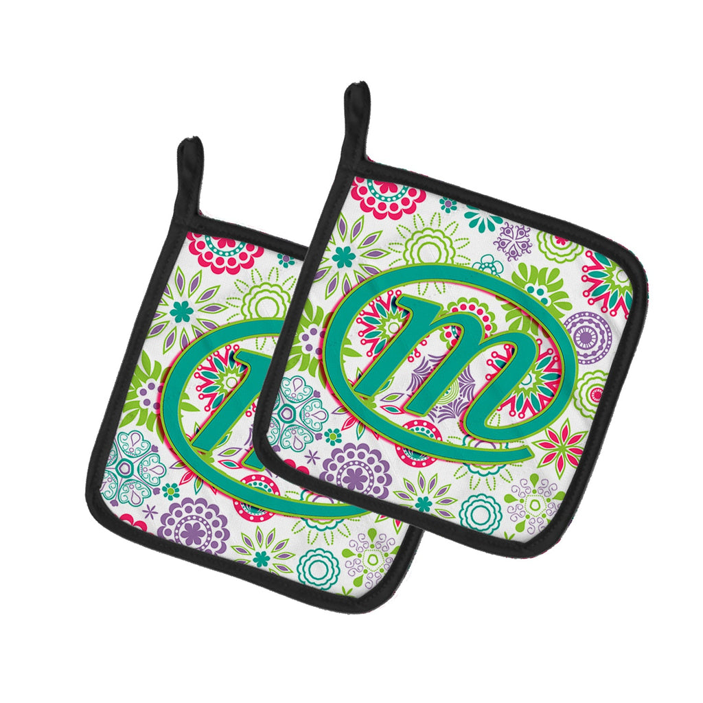 Letter M Flowers Pink Teal Green Initial Pot Holder Set of 2 Heat Resistant Quilted Hot Pads 7.5 x 7.5 Inch, Insulated Kitchen Trivets for Cooking & Baking