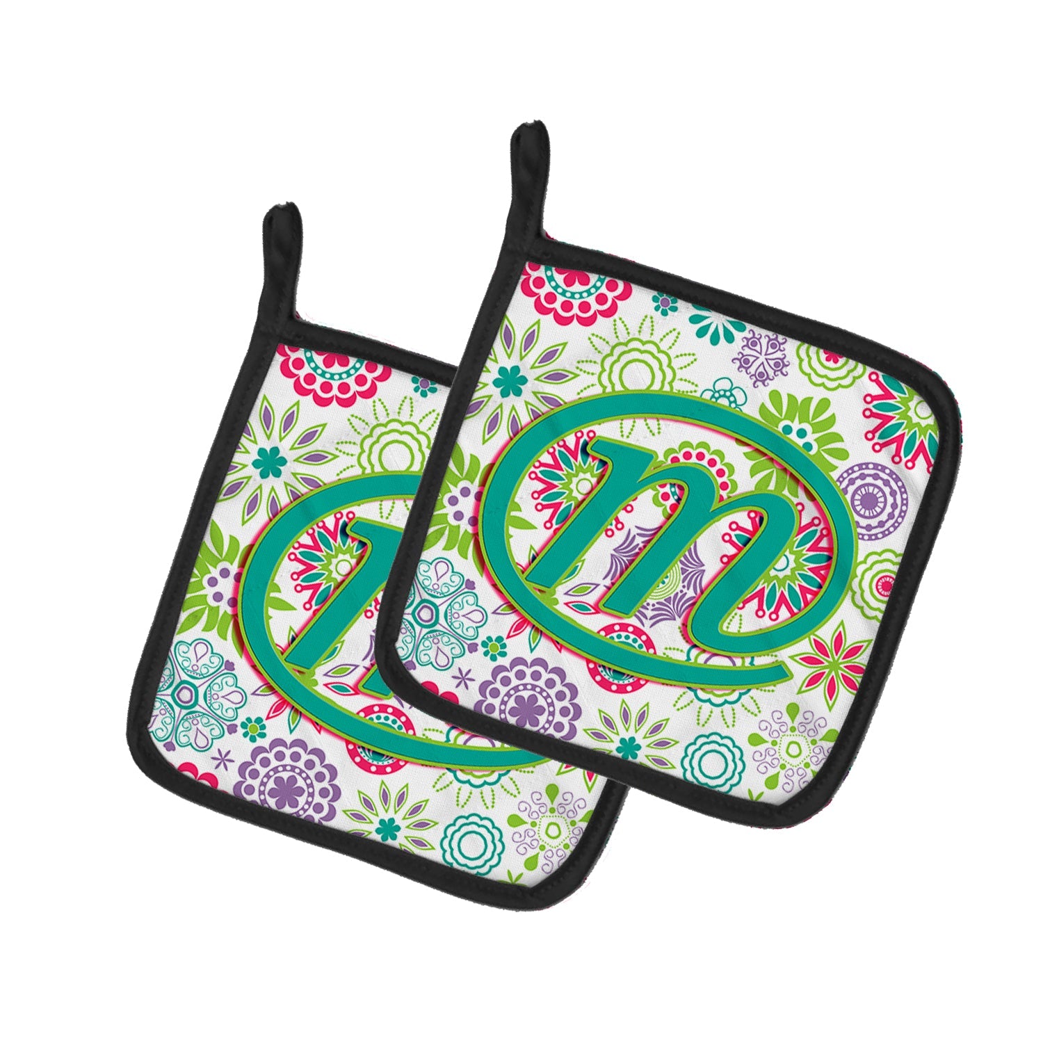 Letter M Flowers Pink Teal Green Initial Pot Holder Set of 2 Heat Resistant Quilted Hot Pads 7.5 x 7.5 Inch, Insulated Kitchen Trivets for Cooking & Baking