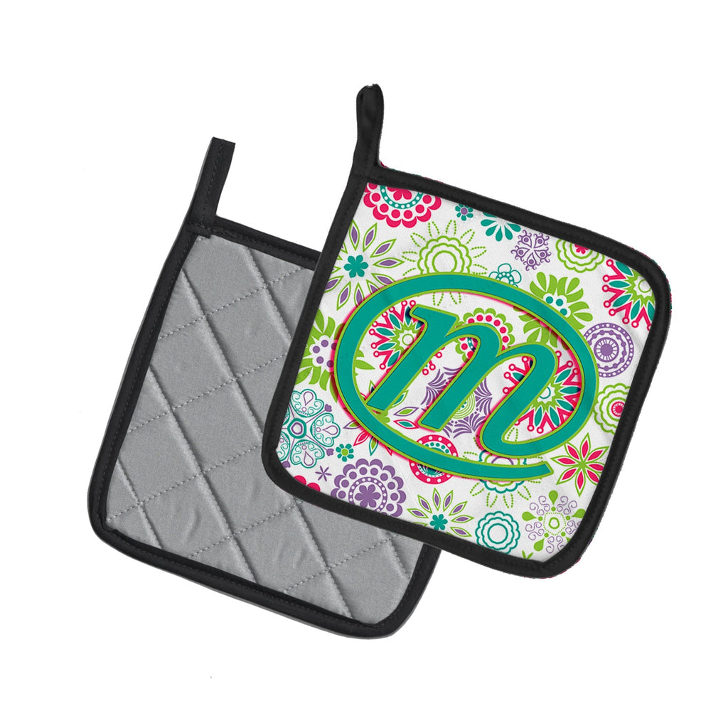 Letter M Flowers Pink Teal Green Initial Pot Holder Set of 2 Heat Resistant Quilted Hot Pads 7.5 x 7.5 Inch, Insulated Kitchen Trivets for Cooking & Baking