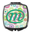 Letter M Flowers Pink Teal Green Initial Compact Mirror Decorative Travel Makeup Mirror for Women Girls Gifts Pocket Makeup Mirror Folding Handheld