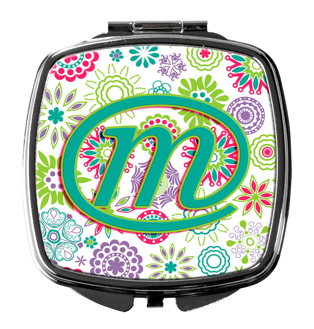 Letter M Flowers Pink Teal Green Initial Compact Mirror Decorative Travel Makeup Mirror for Women Girls Gifts Pocket Makeup Mirror Folding Handheld