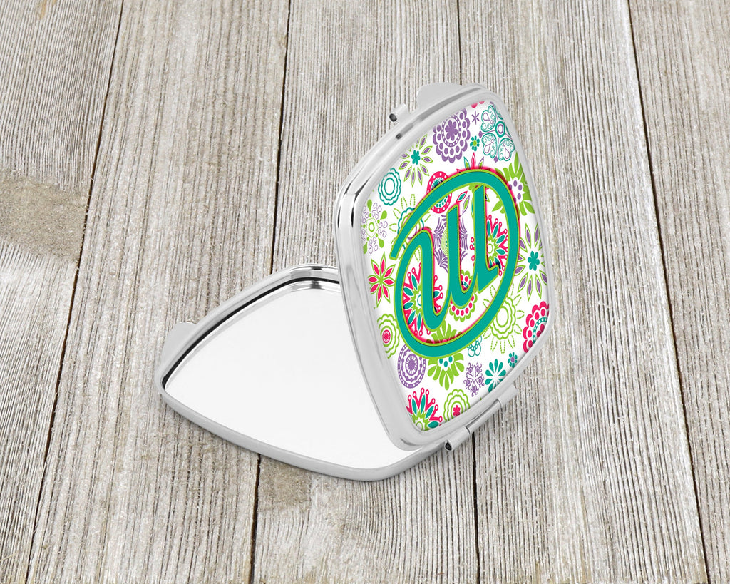 Letter M Flowers Pink Teal Green Initial Compact Mirror Decorative Travel Makeup Mirror for Women Girls Gifts Pocket Makeup Mirror Folding Handheld