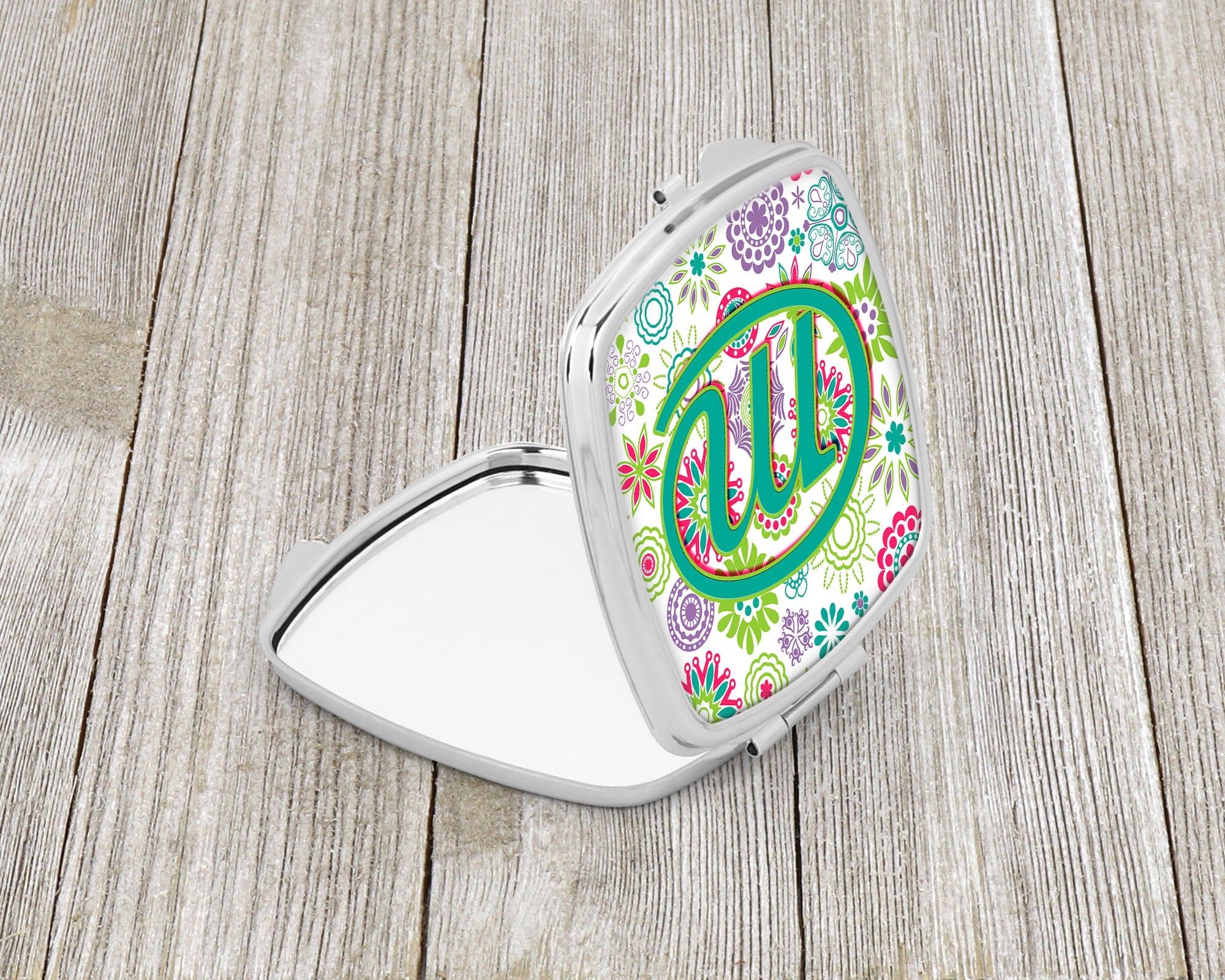 Letter M Flowers Pink Teal Green Initial Compact Mirror Decorative Travel Makeup Mirror for Women Girls Gifts Pocket Makeup Mirror Folding Handheld