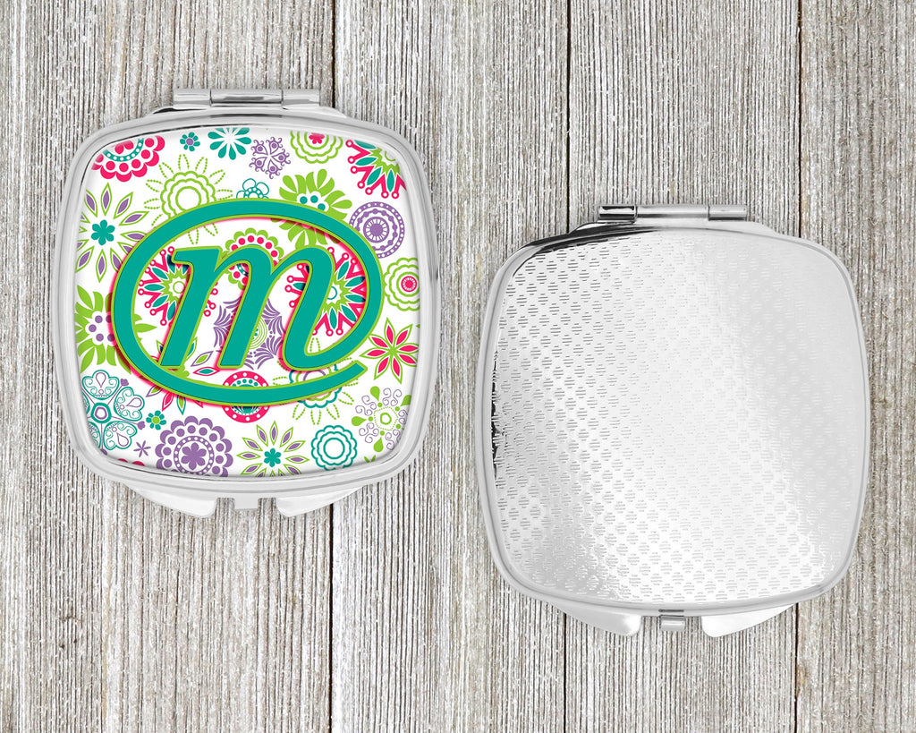 Letter M Flowers Pink Teal Green Initial Compact Mirror Decorative Travel Makeup Mirror for Women Girls Gifts Pocket Makeup Mirror Folding Handheld