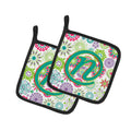 Letter N Flowers Pink Teal Green Initial Pot Holder Set of 2 Heat Resistant Quilted Hot Pads 7.5 x 7.5 Inch, Insulated Kitchen Trivets for Cooking & Baking