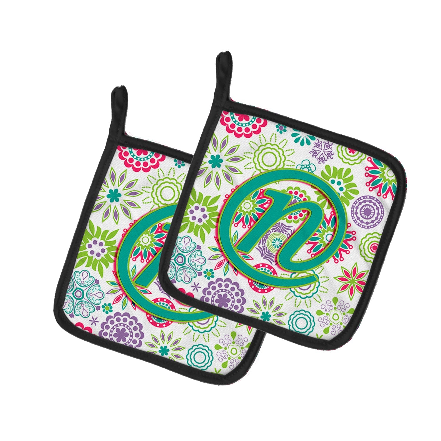 Letter N Flowers Pink Teal Green Initial Pot Holder Set of 2 Heat Resistant Quilted Hot Pads 7.5 x 7.5 Inch, Insulated Kitchen Trivets for Cooking & Baking