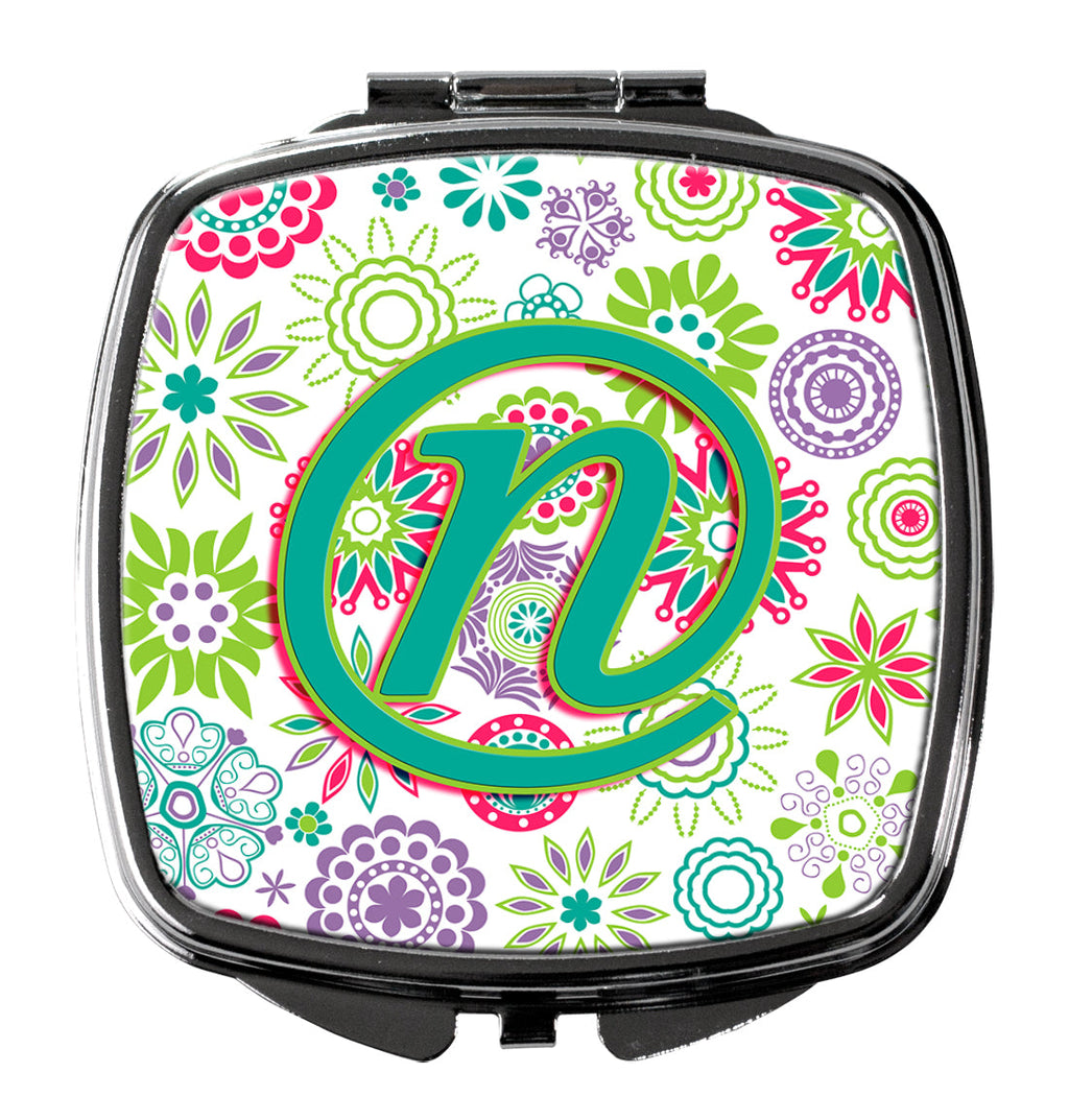 Letter N Flowers Pink Teal Green Initial Compact Mirror Decorative Travel Makeup Mirror for Women Girls Gifts Pocket Makeup Mirror Folding Handheld
