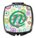 Letter N Flowers Pink Teal Green Initial Compact Mirror Decorative Travel Makeup Mirror for Women Girls Gifts Pocket Makeup Mirror Folding Handheld