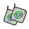 Letter O Flowers Pink Teal Green Initial Pot Holder Set of 2 Heat Resistant Quilted Hot Pads 7.5 x 7.5 Inch, Insulated Kitchen Trivets for Cooking & Baking