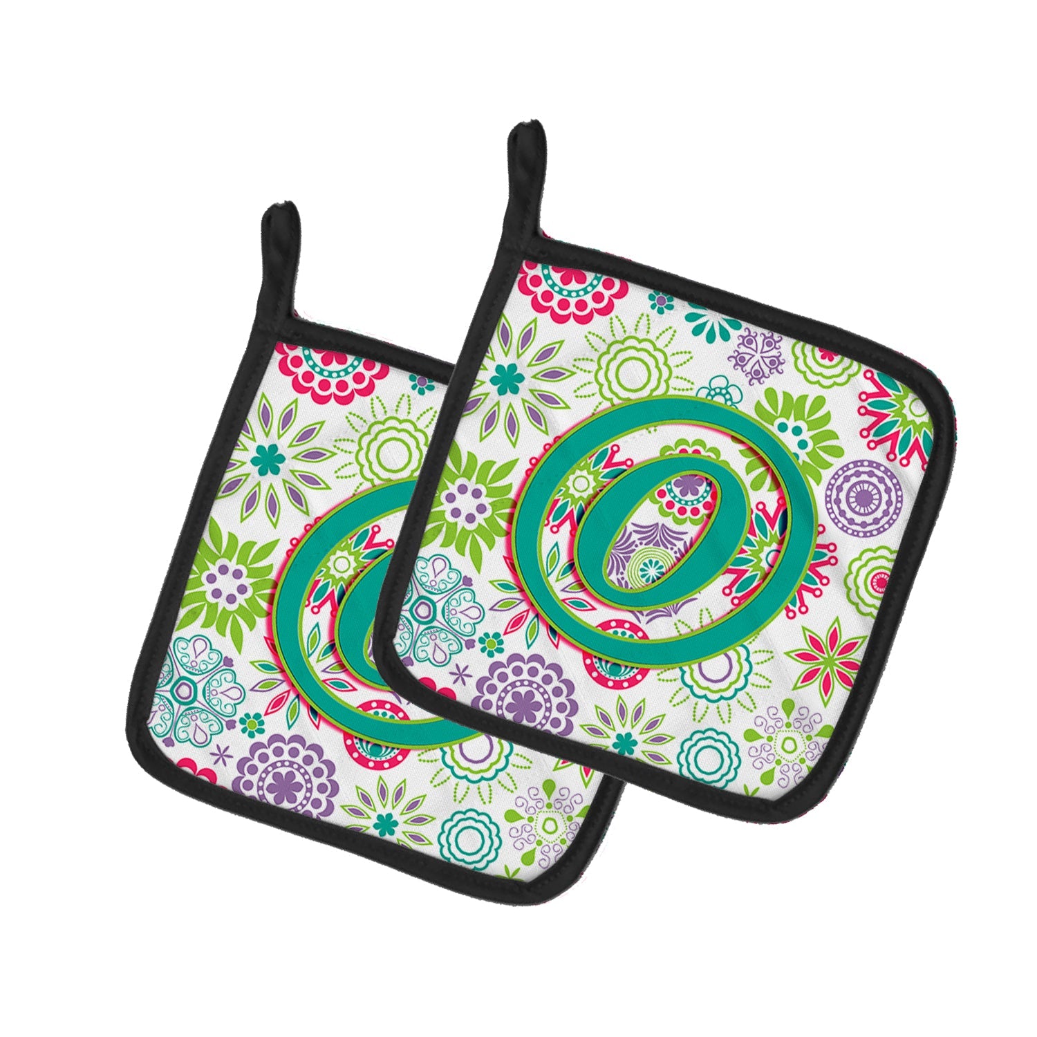 Letter O Flowers Pink Teal Green Initial Pot Holder Set of 2 Heat Resistant Quilted Hot Pads 7.5 x 7.5 Inch, Insulated Kitchen Trivets for Cooking & Baking