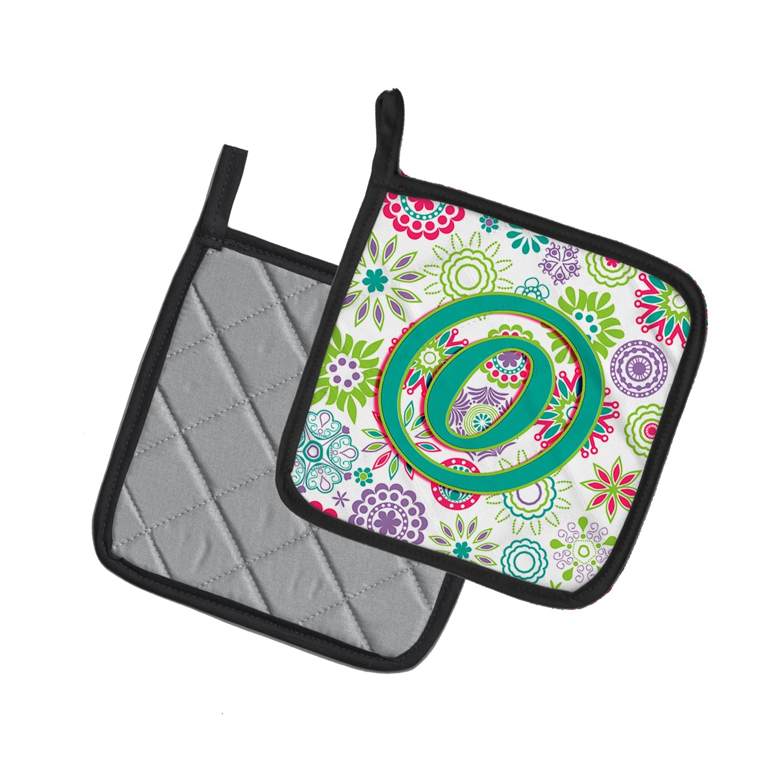 Letter O Flowers Pink Teal Green Initial Pot Holder Set of 2 Heat Resistant Quilted Hot Pads 7.5 x 7.5 Inch, Insulated Kitchen Trivets for Cooking & Baking