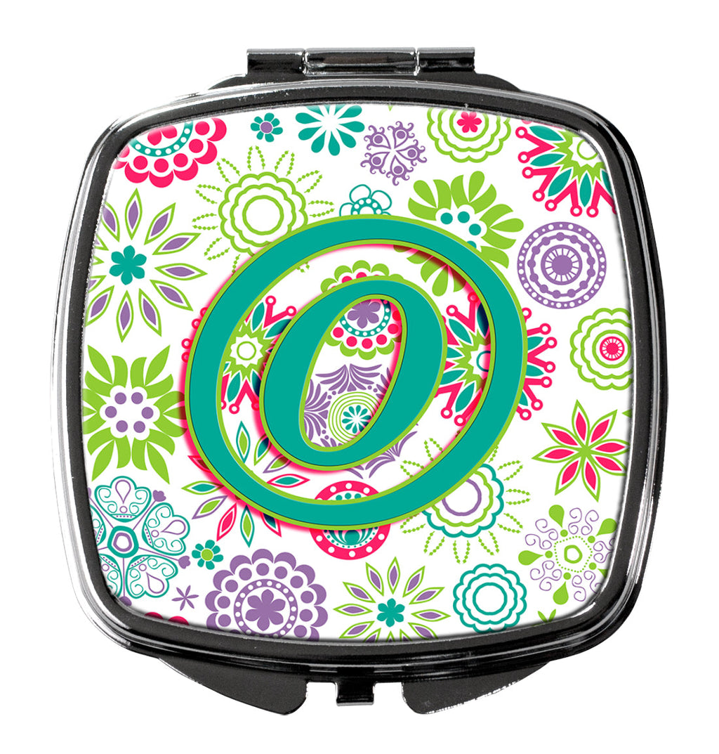 Letter O Flowers Pink Teal Green Initial Compact Mirror Decorative Travel Makeup Mirror for Women Girls Gifts Pocket Makeup Mirror Folding Handheld