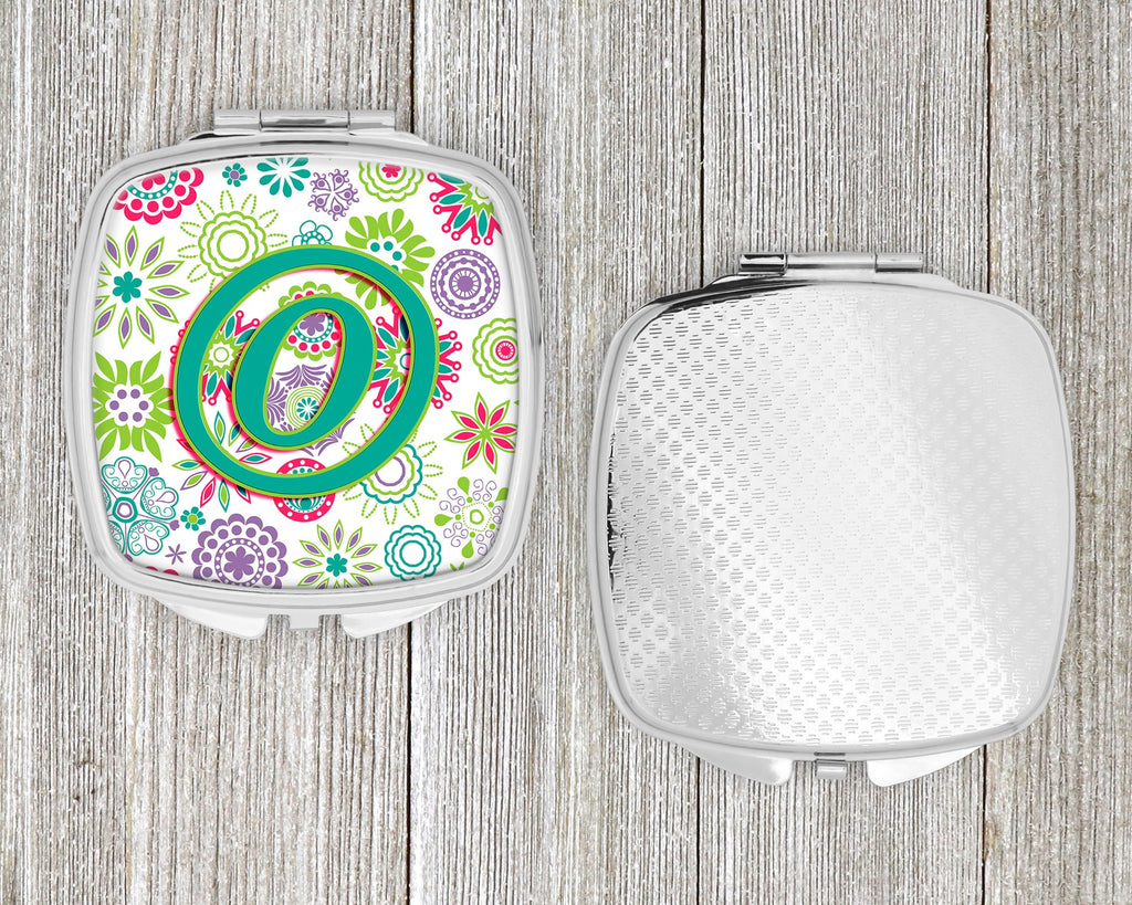 Letter O Flowers Pink Teal Green Initial Compact Mirror Decorative Travel Makeup Mirror for Women Girls Gifts Pocket Makeup Mirror Folding Handheld