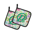 Letter P Flowers Pink Teal Green Initial Pot Holder Set of 2 Heat Resistant Quilted Hot Pads 7.5 x 7.5 Inch, Insulated Kitchen Trivets for Cooking & Baking