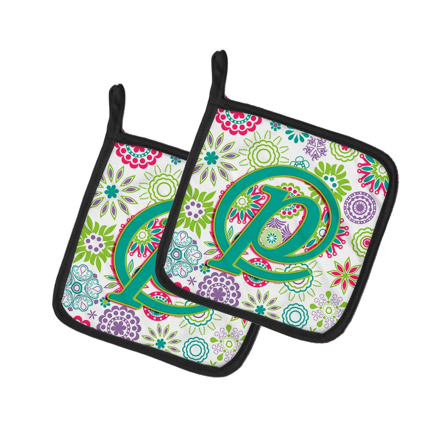 Letter P Flowers Pink Teal Green Initial Pot Holder Set of 2 Heat Resistant Quilted Hot Pads 7.5 x 7.5 Inch, Insulated Kitchen Trivets for Cooking & Baking