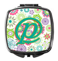 Letter P Flowers Pink Teal Green Initial Compact Mirror Decorative Travel Makeup Mirror for Women Girls Gifts Pocket Makeup Mirror Folding Handheld