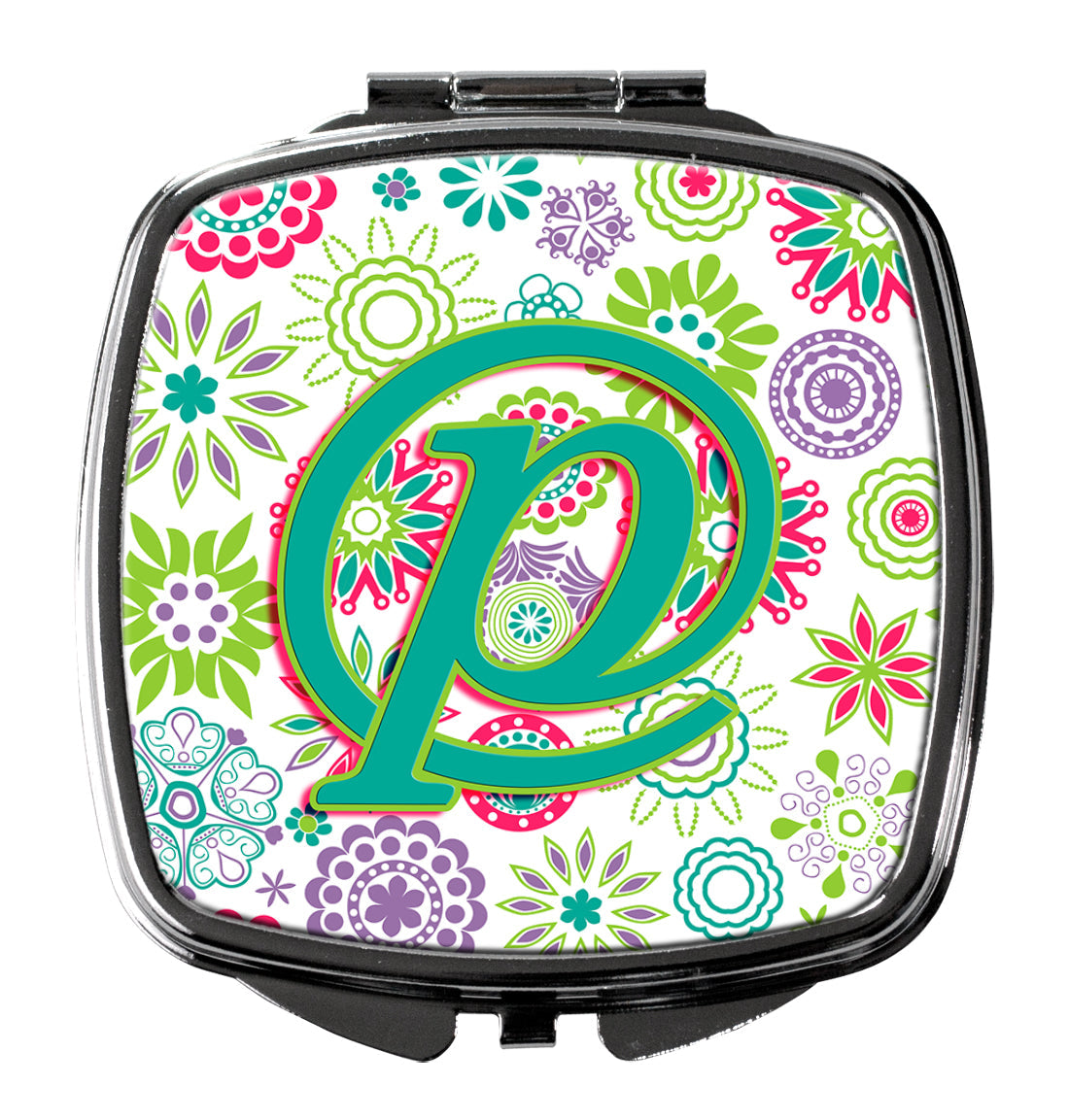 Letter P Flowers Pink Teal Green Initial Compact Mirror Decorative Travel Makeup Mirror for Women Girls Gifts Pocket Makeup Mirror Folding Handheld