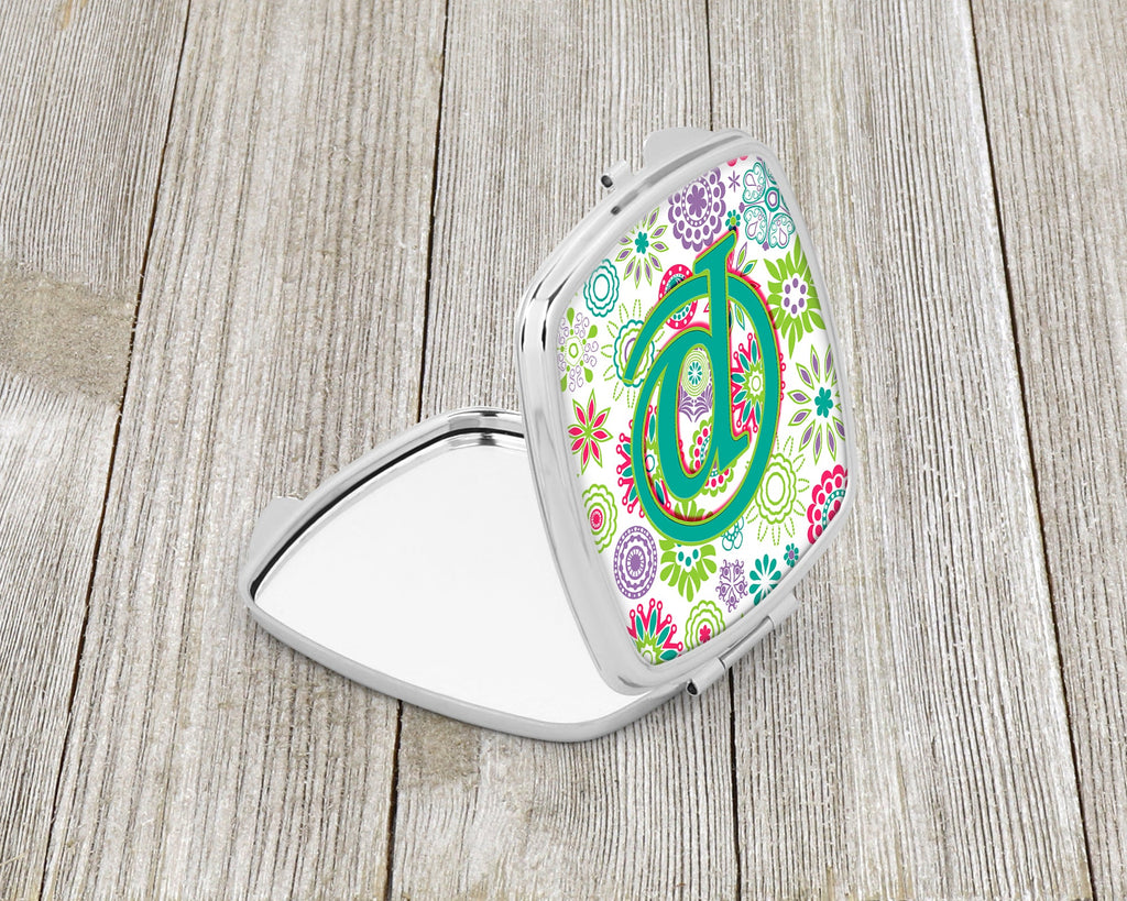 Letter P Flowers Pink Teal Green Initial Compact Mirror Decorative Travel Makeup Mirror for Women Girls Gifts Pocket Makeup Mirror Folding Handheld