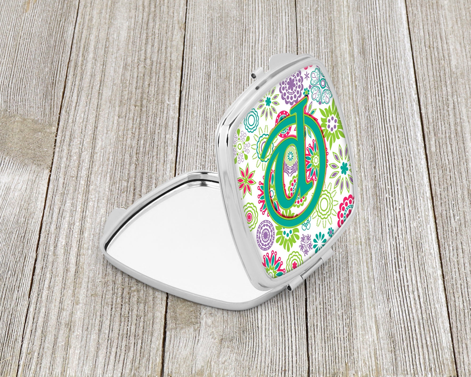 Letter P Flowers Pink Teal Green Initial Compact Mirror Decorative Travel Makeup Mirror for Women Girls Gifts Pocket Makeup Mirror Folding Handheld