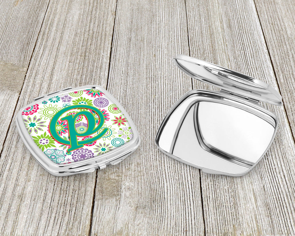 Letter P Flowers Pink Teal Green Initial Compact Mirror Decorative Travel Makeup Mirror for Women Girls Gifts Pocket Makeup Mirror Folding Handheld