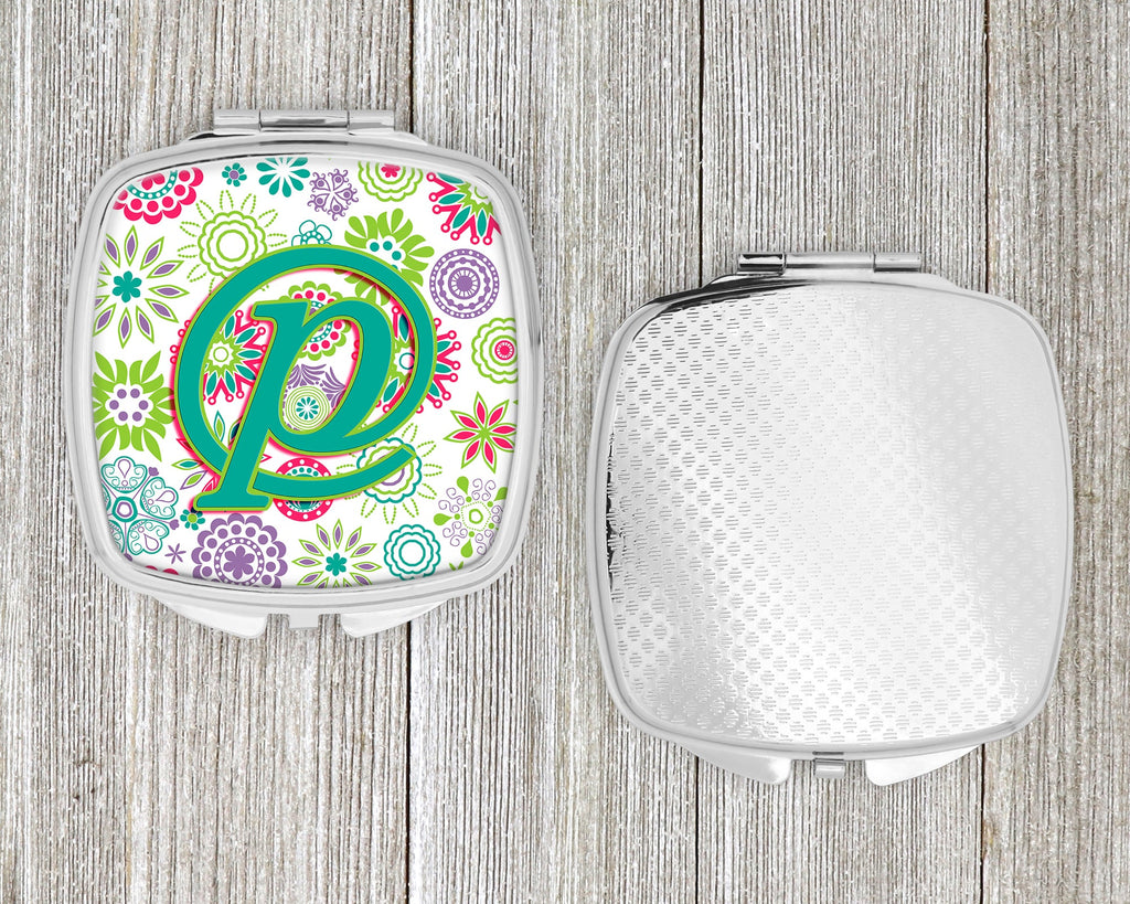 Letter P Flowers Pink Teal Green Initial Compact Mirror Decorative Travel Makeup Mirror for Women Girls Gifts Pocket Makeup Mirror Folding Handheld