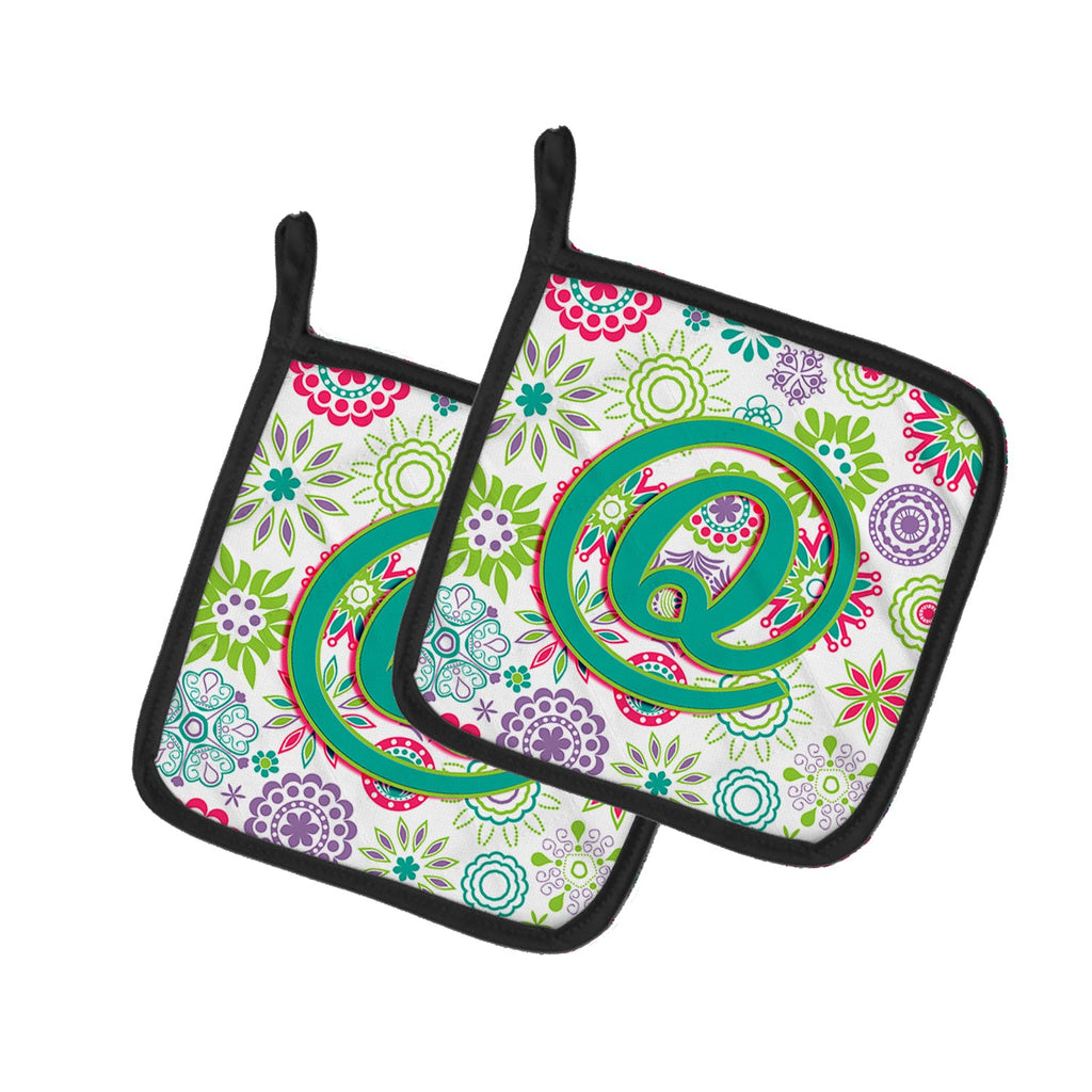 Letter Q Flowers Pink Teal Green Initial Pot Holder Set of 2 Heat Resistant Quilted Hot Pads 7.5 x 7.5 Inch, Insulated Kitchen Trivets for Cooking & Baking