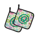 Letter Q Flowers Pink Teal Green Initial Pot Holder Set of 2 Heat Resistant Quilted Hot Pads 7.5 x 7.5 Inch, Insulated Kitchen Trivets for Cooking & Baking