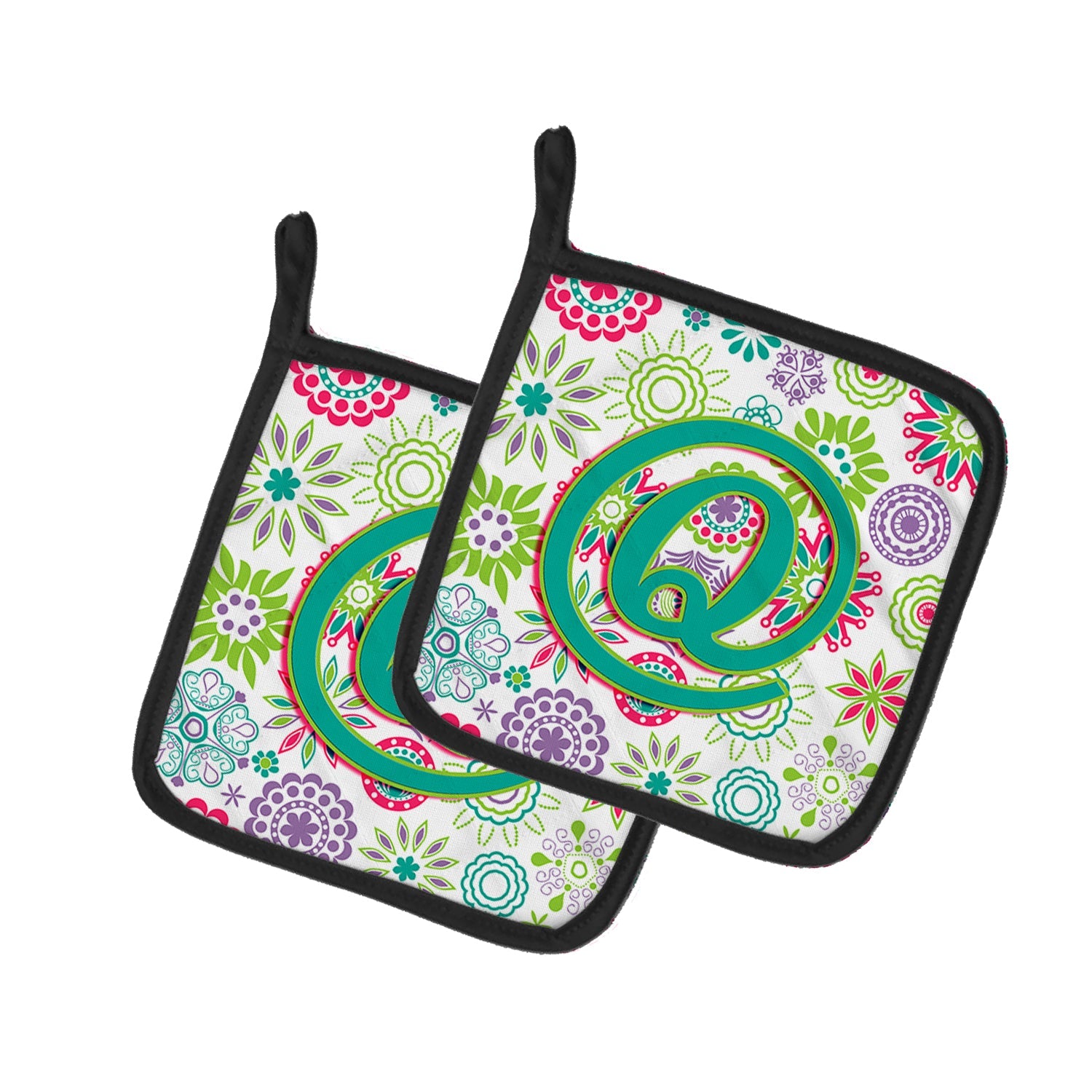 Letter Q Flowers Pink Teal Green Initial Pot Holder Set of 2 Heat Resistant Quilted Hot Pads 7.5 x 7.5 Inch, Insulated Kitchen Trivets for Cooking & Baking