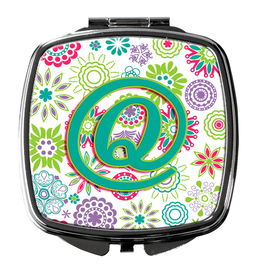 Letter Q Flowers Pink Teal Green Initial Compact Mirror Decorative Travel Makeup Mirror for Women Girls Gifts Pocket Makeup Mirror Folding Handheld