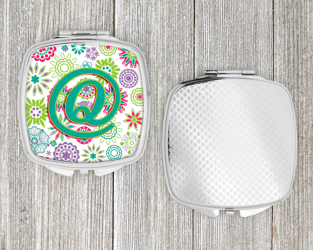 Letter Q Flowers Pink Teal Green Initial Compact Mirror Decorative Travel Makeup Mirror for Women Girls Gifts Pocket Makeup Mirror Folding Handheld