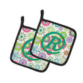 Letter R Flowers Pink Teal Green Initial Pot Holder Set of 2 Heat Resistant Quilted Hot Pads 7.5 x 7.5 Inch, Insulated Kitchen Trivets for Cooking & Baking