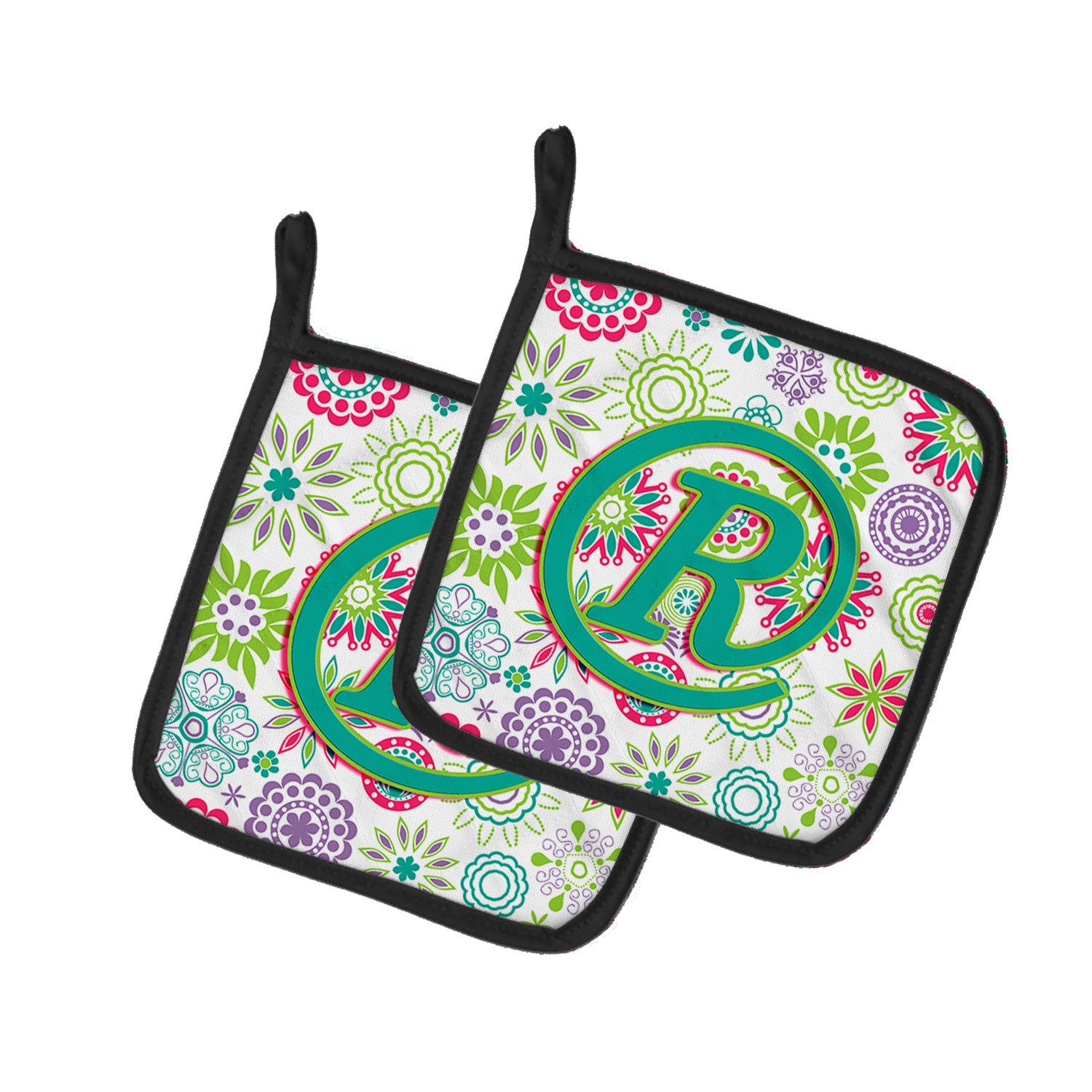 Letter R Flowers Pink Teal Green Initial Pot Holder Set of 2 Heat Resistant Quilted Hot Pads 7.5 x 7.5 Inch, Insulated Kitchen Trivets for Cooking & Baking