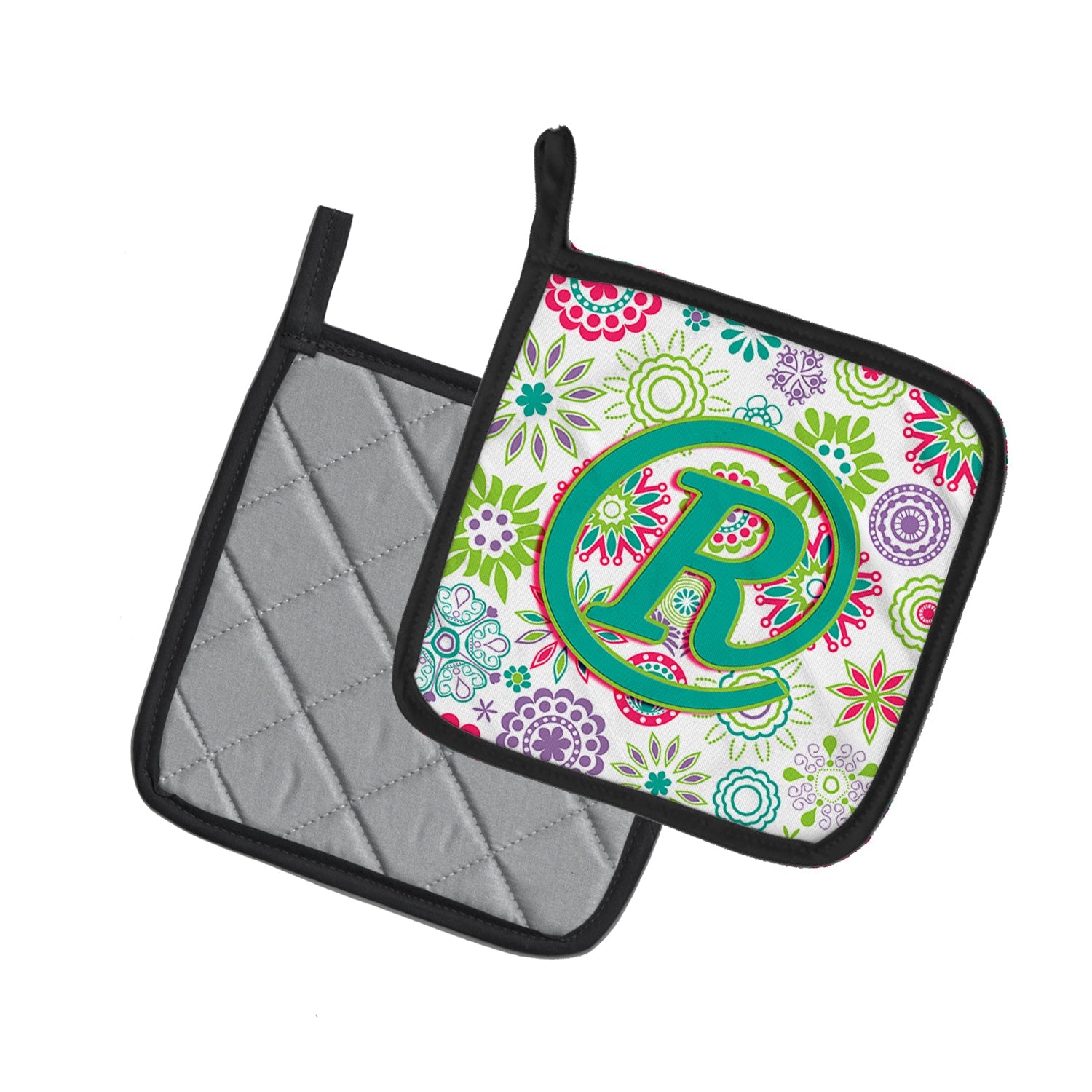 Letter R Flowers Pink Teal Green Initial Pot Holder Set of 2 Heat Resistant Quilted Hot Pads 7.5 x 7.5 Inch, Insulated Kitchen Trivets for Cooking & Baking