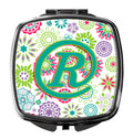 Letter R Flowers Pink Teal Green Initial Compact Mirror Decorative Travel Makeup Mirror for Women Girls Gifts Pocket Makeup Mirror Folding Handheld