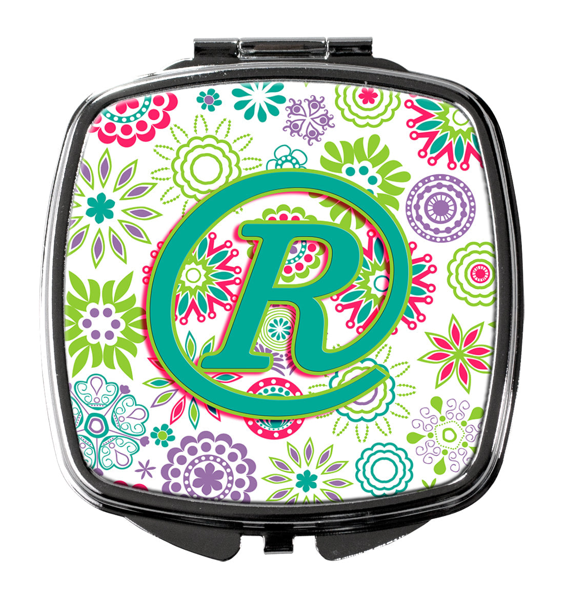 Letter R Flowers Pink Teal Green Initial Compact Mirror Decorative Travel Makeup Mirror for Women Girls Gifts Pocket Makeup Mirror Folding Handheld