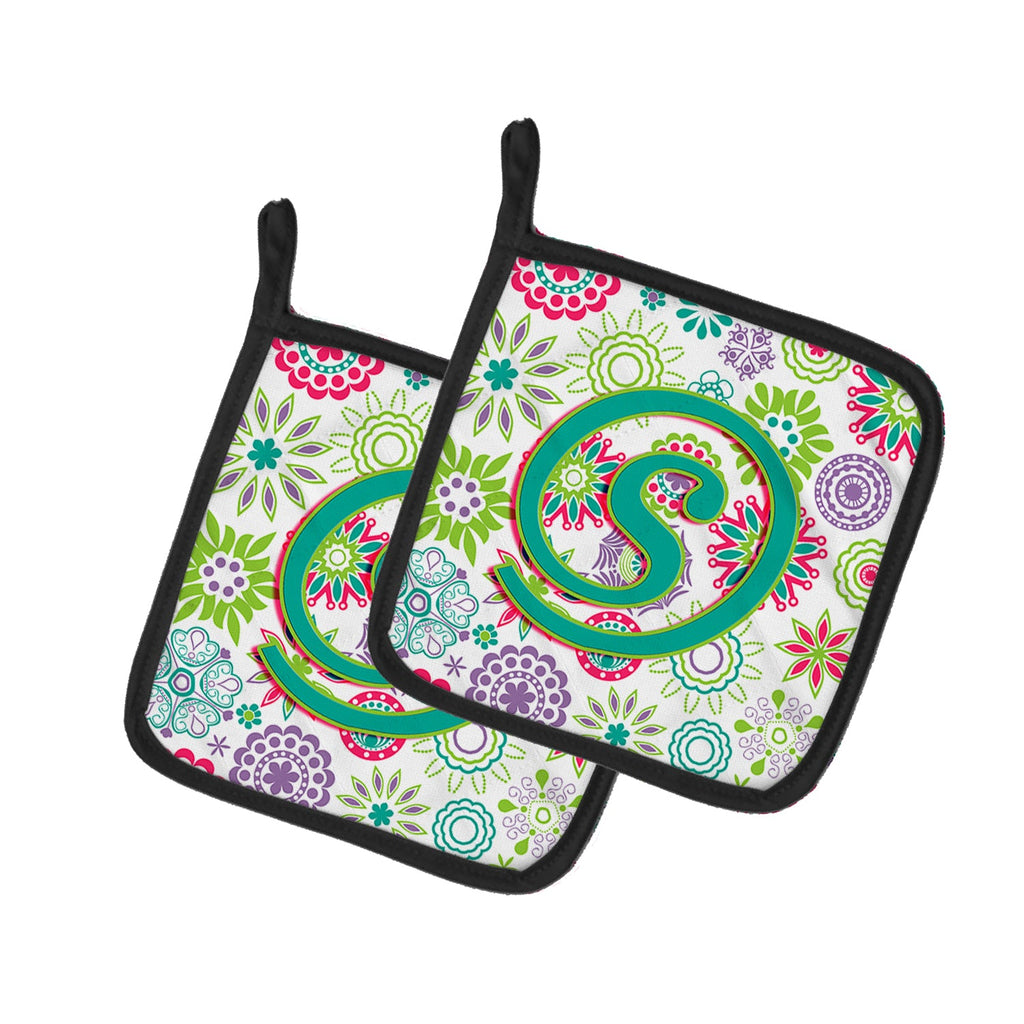 Letter S Flowers Pink Teal Green Initial Pot Holder Set of 2 Heat Resistant Quilted Hot Pads 7.5 x 7.5 Inch, Insulated Kitchen Trivets for Cooking & Baking